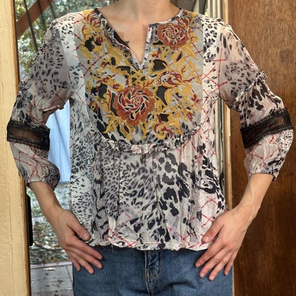 Anthropologie multicoloured embroidered sheer blouse boho tunic